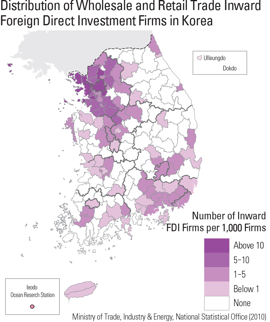 Distribution of Wholesale and Retail Trade Inward Foreign Direct Investment Firms in Korea