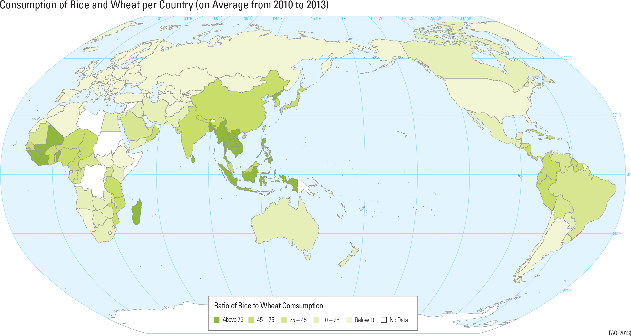 Consumption of Rice and Wheat per Country (on Average from 2010 to 2013)